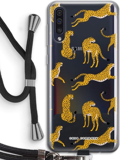 Case Company® - Hoesje met koord geschikt voor Samsung Galaxy A50 hoesje met Koord - Luipaard - Telefoonhoesje met Zwart Koord - Bescherming aan alle Kanten en Over de Schermrand