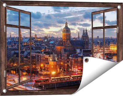 Gards Tuinposter Doorkijk Amsterdam Centrum Luchtfoto Zonsondergang - 60x40 cm - Tuindoek - Tuindecoratie - Wanddecoratie buiten - Tuinschilderij
