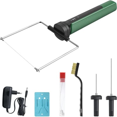 Aura® Professionele Piepschuimsnijder - 3-in-1 Piepschuimsnijder met Verwisselbare Opzetstukken - Gloeidraad - Warm Snijmes - Inclusief Voedingsadapter & Houder - 15W - Creatieve Projecten - Modelbouw en Decoraties- Groen- 26cm x 17cm x 6cm