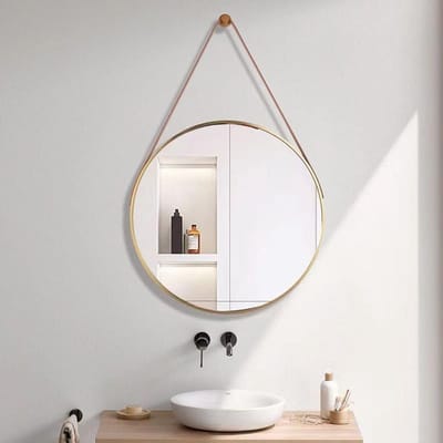 Ronde Wandspiegel van 30 cm met Leren Hangriem, Decoratieve Make-up Spiegel voor Woonkamer, Slaapkamer en Badkamer Decoratie in Goud