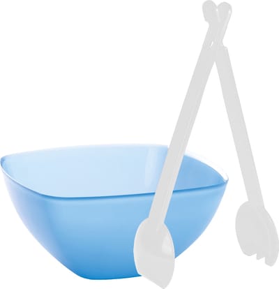 Serveerschaal/slakom - blauw - kunststof - 22,5 cm - met sla bestek/couvert