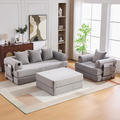 Modulaire 4-zits corduroy compressiebank inclusief poef – met stevig metalen frame, zijvak en 4 comfortabele kussens. Vulling van schuim met hoge dichtheid – vrij combineerbaar en veelzijdig.