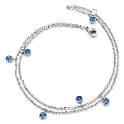Allecto - Twee rijen stalen enkelbanden - Dames enkelbanden - Elegante uitstraling - Blauw - Zirkonia bedels - Perfect voor elke gelegenheid - Stij...