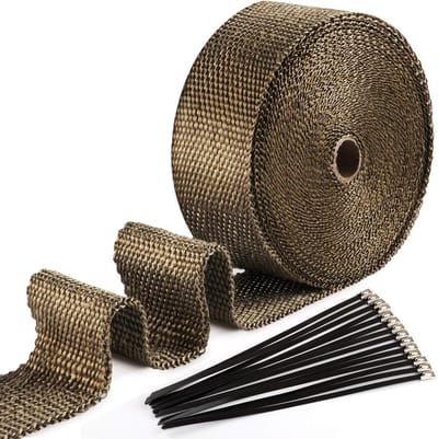 Thermische Isolatietape voor Motoruitlaten, 15m x 50mm + 15 Zwarte RVS Kabelbinders voor Manifold en Isolatie