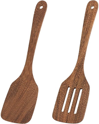 Dailygoods- Sleufspatel Set van 2 - Houten Spatel - Kooklepel met Gat - Keukengerei - Antislip - Lichtgewicht en Sterk - Houten Lepel