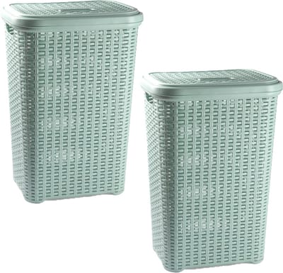 PlasticForte Wasmand met deksel - 2x stuks - 60 liter - lichtgroen - rotan - kunststof - L35 x B43 x H62 cm