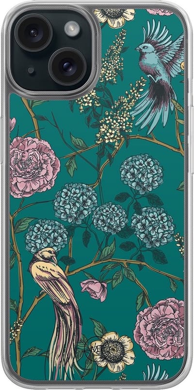 Hybride hoesje geschikt voor iPhone 13 - Vogels Japanse bloemen - Extra bescherming - Luxe beschermhoes - TPU case - Transparant, Grijs, Groen - Mooie Telefoonhoesjes