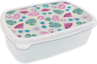 Broodtrommel Wit - Lunchbox - Brooddoos - Zomer - Patroon - Flamingo - Monstera - 18x12x6 cm - Volwassenen