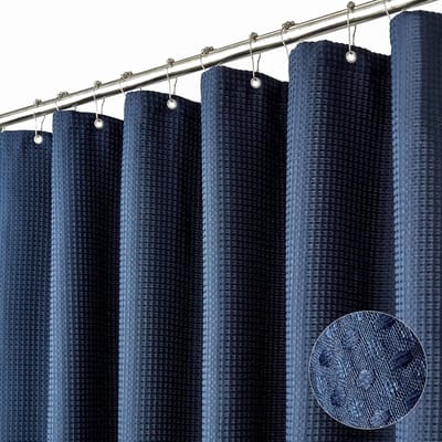 Douchegordijn van Zware Wafelstof - Waterafstotend, Kreukvrij en Valt Strak (200x180 cm, Blauw) - Polyester Badkamer Gordijn Set met 12 Haken, Geschikt voor Moderne Hotel, Appartement en Eigen Huis