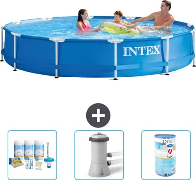 Intex Rond Frame Zwembad - 366 x 76 cm - Blauw - Inclusief Onderhoudspakket - Zwembadfilterpomp - Filter - 4-delig