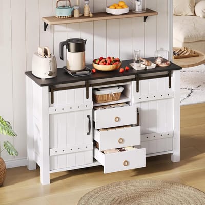 Zijkast met Opbergruimte - Buffetkast Dressoir - Keuken Organiseren - Schuifdeuren en Laden - 120 cm breed - Wit