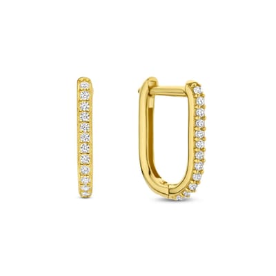 New Bling 9NBG-0754 Gouden Oorringen met Zirkonia - Oorbellen - 14 Karaat - Rechthoek - 12,2x10mm - 1,6mm Breed - Zirkonia Steentjes - Scharnier - Goud
