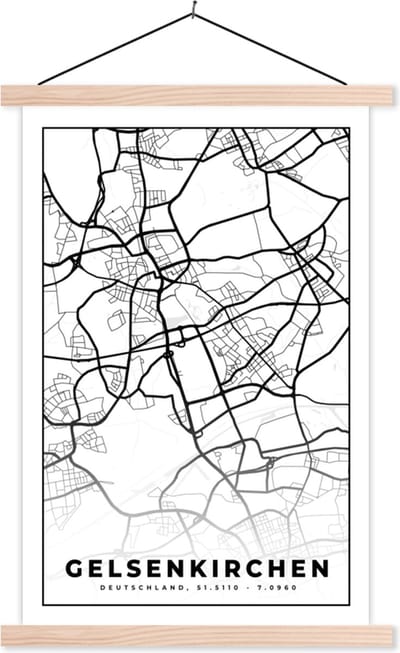 Posterhanger incl. Poster 40x60 cm - Schoolplaat - Kaart - Plattegrond - Gelsenkirchen - Stadskaart - Textielposter - Blanke latten - Stadskaart