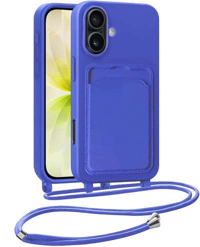 Hoesje Geschikt voor iPhone 17 Telefoonhoesje Met Koord Case Pashouder Siliconen - Hoes Geschikt voor iPhone 17 Hoesje Met Kaarthouder - Felblauw