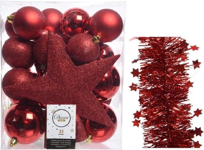 Kerstversiering kunststof kerstballen 5-6-8 cm met ster piek en sterren slingers pakket rood van 35x stuks - Kerstboomversiering