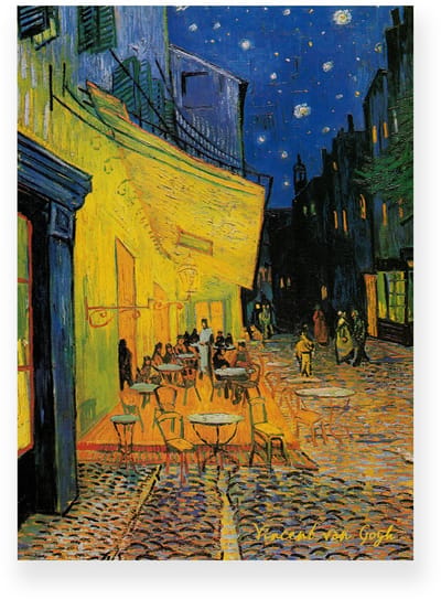 Poster 20x30 cm - Café Terrace at Night - Vincent van Gogh - Terras - Sterrenhemel - Geel - Blauw - Postimpressionistisch - Stedelijk - Muurdecoratie - Wanddecoratie