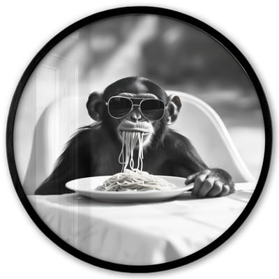 Poster in lijst Rond - Fotolijst 40x40 cm - Posters - Aap - Spaghetti - Zonnebril - Zwart wit - Cool - Dier - Ronde posterlijst zwart - Decoratie - Wanddecoratie woonkamer - Muurdecoratie slaapkamer
