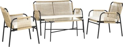 Balkonset - Tuinset - Bistroset - Naturel - 4 delig - Met kussens - Tuintafel en 4 stoelen - 4 Personen - Gecoat staal - Onderhoudsvrij staal