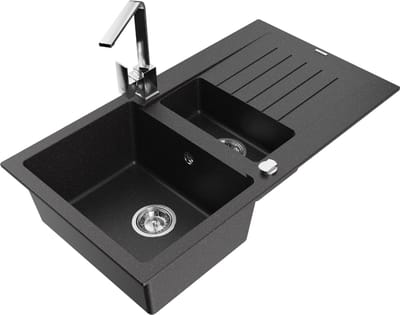 Mexen Matias granieten spoelbak 1,5-komorig met afdruiprek en keukenkraan Rita, zwart/zilver metallic - 6502-73-670300-00