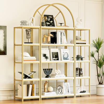 OKWISH Boekenkast Modulair - 163 x 30 x 184 cm - Staal en MDF - Goud Wit - 3 Delig Displayrek met Boogdesign