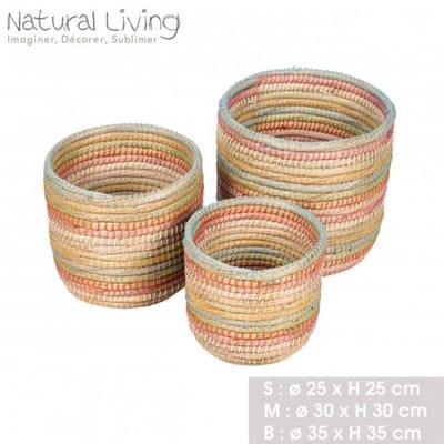 NATURAL LIVING" set van 3 gekleurde manden van zeegras H25/H30/H35 cm