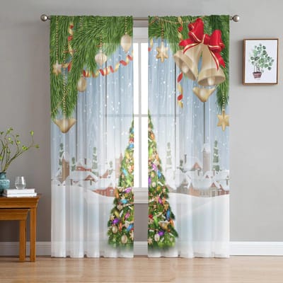 Bellen Kerstboom Sneeuwdorp Transparante Gordijnen voor Woonkamer Decoratie Raamgordijnen Keuken Tule Voile Gordijnen W135 x H115cm x1 gray