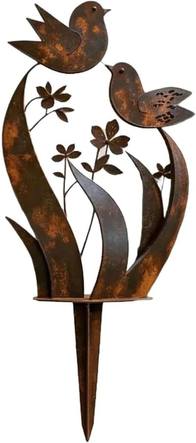 Tuinsteker Vogel Bloemen - Buiten Decoratie - Tuin Verfraaien - Echte Roest Afwerking - 35x20x2.5cm - Niet gespecificeerd
