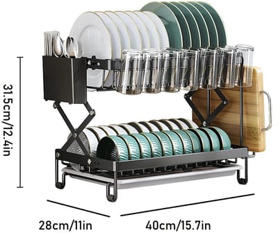 HomeGoodies - 2-laags schoteldroogrek - Afdruiprek - Huishoudelijke schotelopslaghouder - Keukenorganizer - Met bestekhouder - Zwart