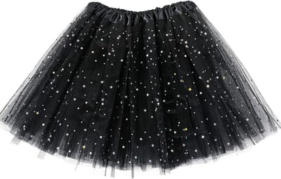 Tulle Rok met 3 Lagen en Pailletten Sterren voor Volwassenen en Tieners - Retro 80s Feest, Halloween en Carnaval Kostuum in Zwart, One Size