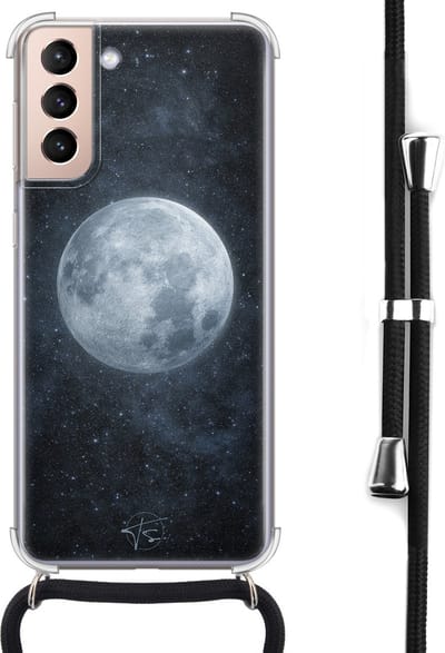 Hoesje met koord geschikt voor Samsung Galaxy S21 - Maan - Inclusief koord - Crossbody beschermhoes - Transparant, Blauw - Mooie Telefoonhoesjes