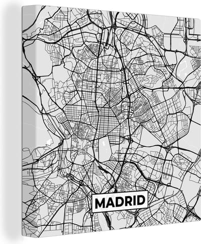 Canvas Schilderij Madrid - Zwart Wit - Stadskaart - Plattegrond - Kaart - 20x20 cm - Wanddecoratie