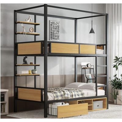 ModernLuxe Stapelbed 90×200 cm - met plank - met 1 lade en opbergruimte - Metaal + MDF - Zwart + Natuur