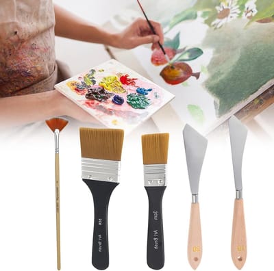 Set van 5 platte verfkwasten en paletmessen voor acrylverf, ideaal voor schilderen op canvas en landschappen