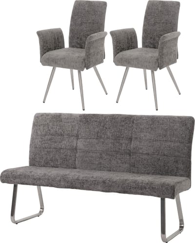 Eetkamerset MCW-G55, set van 2 stoelen met armleuningen + zitbank 180cm, geborsteld roestvrij staal stof/textiel chenille ~ donkergrijs