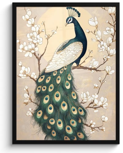 Poster in lijst - Fotolijst 50x70 cm - Posters - Pauw - Tak - Bloemen - Posterlijst zwart - Decoratie - Wanddecoratie woonkamer - Muurdecoratie slaapkamer