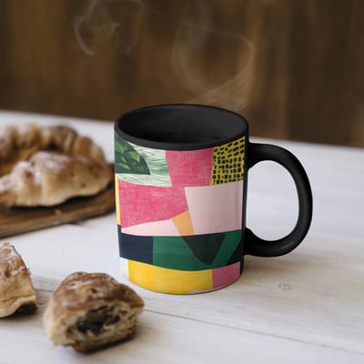 Magische Mok - Foto op Warmte Mokken - Koffiemok - Abstract - Roze - Lappen - Vormen - Geel - Magic Mok - Beker - 350 ML - Theemok