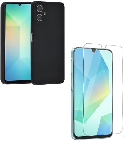 Silicone hoesje Zwart met 2 Pack Tempered glas Screen Protector Geschikt voor: Samsung Galaxy A06