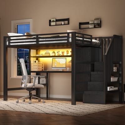 Hoogslaper - 140x200 cm - met Bureau en Kledingkast - inclusief Trapkast - Metaal - Zwart