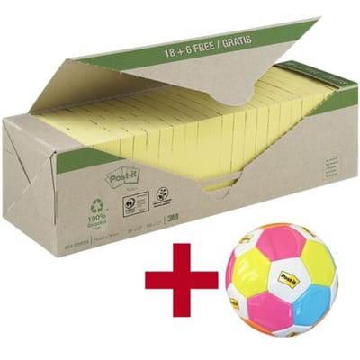Post-it® sticky notes Recycling Notes 654-RYP24, B 76 x D 76 mm, PEFC® papier, geel, 18 + 6 pads, 100 vellen/pad