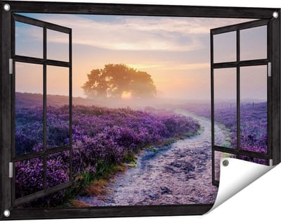 Gards Tuinposter Doorkijk Pad in de Weide van de Veluwe - 90x60 cm - Tuindoek - Tuindecoratie - Wanddecoratie buiten - Tuinschilderij