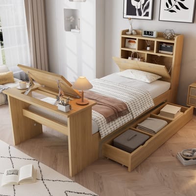 FloraGrace Bed 90x200 cm - Met Hoofdbordrek en Opberglade - Met Verstelbare Klaptafel - Eenpersoons Kinderbed Zonder Matras - Hout - Naturel