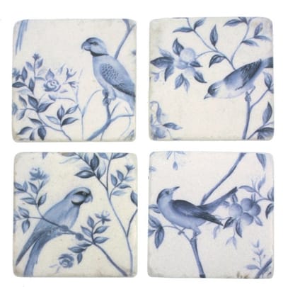 Onderzetters Vogels blauw/wit, s/4 9,8x0,7x9,8cm