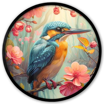 Poster in lijst Rond - Fotolijst 40x40 cm - Posters - IJsvogel - Bloesem - Natuur - Vogels - Bloemen - Ronde posterlijst zwart - Decoratie - Wanddecoratie woonkamer - Muurdecoratie slaapkamer