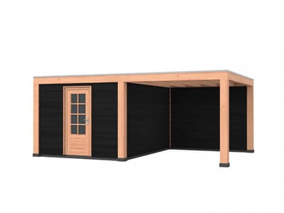 Douglas overkapping, 600 x 400, met achterwand en schuur, Westwood Modern Basic zwart