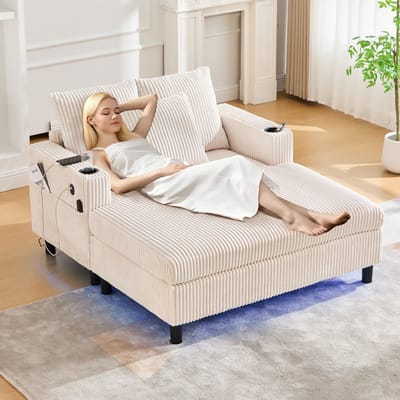 Sweiko Fauteuil - Met bekerhouder - USB-poort - LED-verlichting - Corduroy - Beige