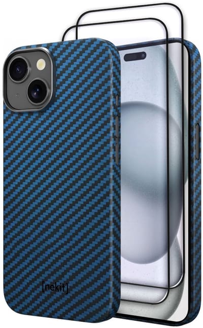 NEKIT Fiber Hoesje met 2-Pack Screenprotector Geschikt voor Apple iPhone 15 | Compatibel met MagSafe & Qi2 | Kevlar Back Cover | GRS Gerecycled Glas | 9H+ Gehard | met Installatiebox | Blauw