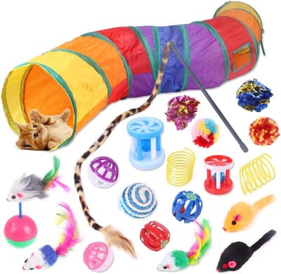 20 stuks kattenspeelgoed, kittenspeelgoed voor binnenkatten, kattentunnel Interactieve verenkraker Wandbal speelgoedset voor katten en katten