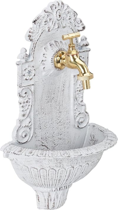 Antieke Muurfontein met Kraan - Nostalgische Wandfontein van Gietijzer - Decoratieve Buitenfontein voor Tuin, Terras en Balkon - Wit - 40 x 24,5 x 13 cm