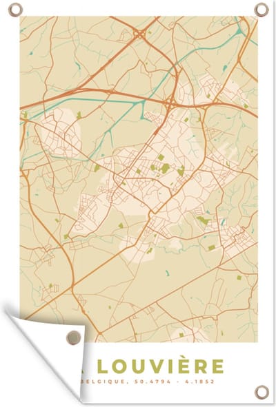 Muurdecoratie Plattegrond - Vintage - La Louvière - Kaart - Stadskaart - 120x180 cm - Tuinposter - Tuindoek