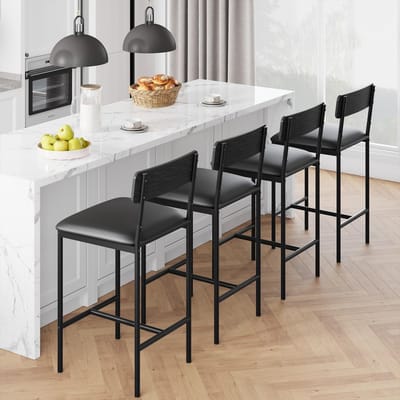 Barkrukken Set van 4 - Industrieel Design met Rugleuning - Zwart PU-Leder & Metaal - Barkrukken voor Kookeiland & Bar - Comfortabele Barstoelen - 95 cm Hoog